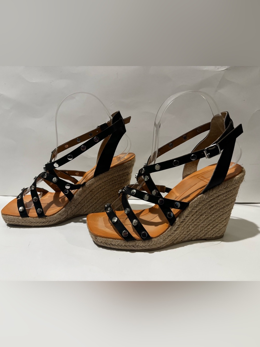 Dolce Vita Maxton Black Espadrille Strappy Studded Square Toe Wedge Sandal 6 1/2 - Picture 2 of 14